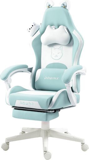 新品未使用品　組立済み　 Dowinx ゲーミングチェア 水色 白 可愛い かわいい にゃんこ 猫耳 ヘアピン 鈴付き 猫柄 pc/オフィスチェア ゲーム用 パソコンチェア 幅広 通気性 リクライニング ハイバック 昇降アームレスト PUレザー LS-665509