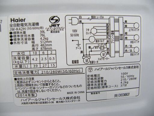 ハイアール 洗濯機 4.2kg 2015年製 JW-K42H Haier 全自動洗濯機 ホワイト コンパクト 札幌市 厚別店