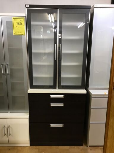 【FU822】★N▲食器棚  ダークブラウン  シンプル  ファミリータイプ  キッチン家具 収納家具 クリーニング済 堺市 深井 【ジャングルジャングル深井店】