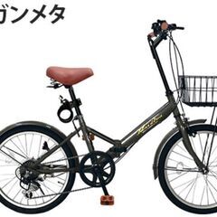 ほぼ新品 20インチ折りたたみ自転車  シマノ 6段変速 フロントライト カギ カゴ付  [AJ-08]