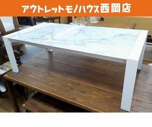大理石調 ガラステーブル 幅120㎝ ホワイト センターテーブル ローテーブル モダン 強化ガラス 白　西岡店