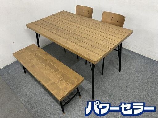 ニトリ ダイニング4点セット アウロス テーブル/チェア2脚/ベンチ オーク突板 アイアン インダストリアル 中古家具 店頭引取歓迎 R8303
