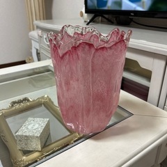 昭和レトロガラスの花瓶 フラワーベース 花びら ピンク オーロラ...