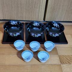 深皿　少し小さ　&　木製皿　3客　&　湯呑み　茶器　5個　　食器セット