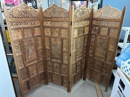 昭和レトロ 手彫り 草花文透かし  衝立 パーテーション 唐木 アジアン家具  木工芸