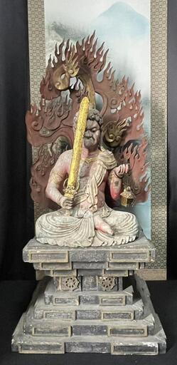 『不動明王座像』木彫り　木造り　時代物　骨董品　高さ100cm　江戸時代