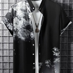 【新品】メンズプリントシャツ　黒/白　XL