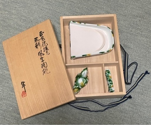 加藤卓男　正倉院復元　三彩　風字陶硯　水滴　筆架付　二重箱　書道具