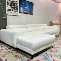 大型カウチソファ 本革 W275cm ホワイト 可動式ヘッドレスト