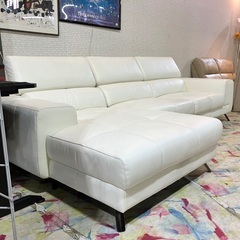大型カウチソファ 本革 W275cm ホワイト 可動式ヘッドレスト
