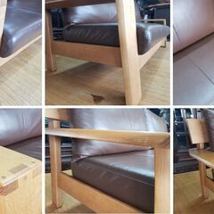e54　美品　 飛騨産業　本革 木かげシリーズ　トリプルソファ