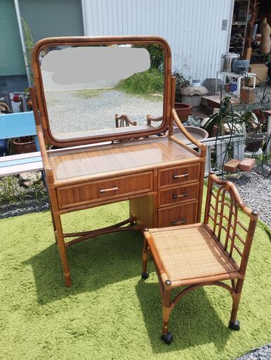 ラタン ドレッサー 椅子付き kazama Yokohama 籐家具 鏡台　/MJ-0824 2F