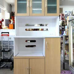 レンジボード 食器棚 幅90×奥42×高180 ホワイト×ナチュラル系 収納