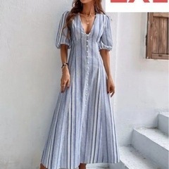 Shein ストライプ　パフスリーブ　ワンピース　L（XXL）