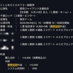 交流戦チケット3枚 巨人×ロッテ 6月4日 東京ドーム 内野一階席