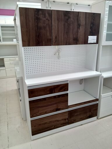 ★ジモティ割あり★  レンジボード ブラウン（木目）×ホワイト W120×D45×H180 クリーニング済み TC3068