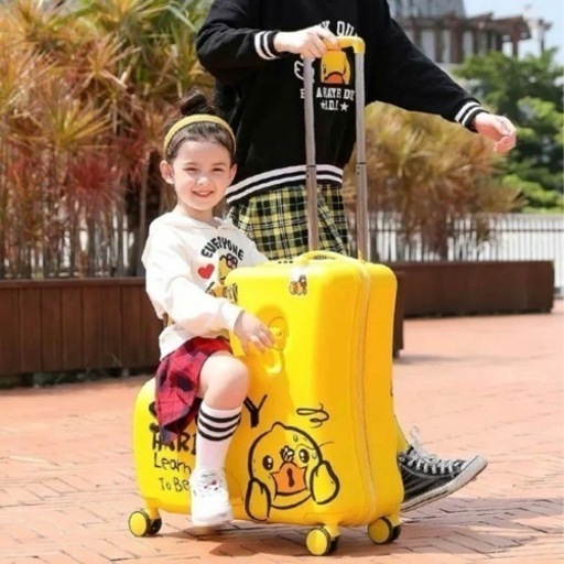 美品　子どもが乗れる　キャリーケース　スーツケース　あひる　黄　ダブルキャスター　TASロック　ダイヤルロック　鍵付き