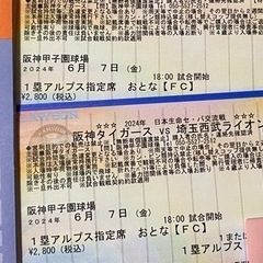 阪神タイガースVS埼玉西武ライオンズ　チケット2枚　
