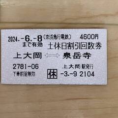 京急　回数券　上大岡-泉岳寺　土休日券　～2024/06/08　...