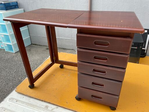 ☆昭和レトロ 古家具 折りたたみ 文机 デスク 5段引出 ゴロ付 サイド  