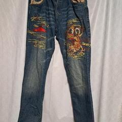 SEKU 是空 刺繍 ジーンズ 34 ジーパン パンツ 和 龍 竜 富士 デニム ダメージ加工 デニムパンツ