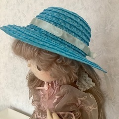 ドール用帽子　キャップ　人形用　ハンドメイド　ブルー　麦わら帽子風
