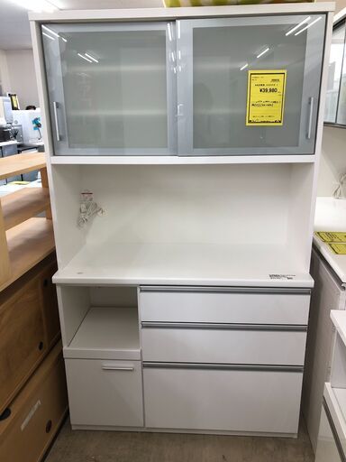 松田家具 幅120cm レンジボード 食器棚 システムキッチンボード ホワイト系 おしゃれ 大型家具 収納キッチン クリーニング済 堺市 石津【ジャングルジャングルサカイ石津店】