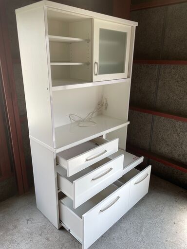 大容量】ホワイト 食器棚 2分割 ガラス扉 キッチン収納 引き出し収納