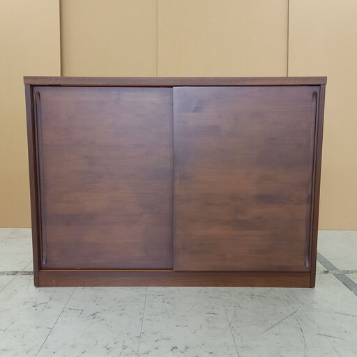 未使用訳あり 天然木アルダー材のカウンター下収納120引戸 ダークブラウン リビング 収納棚 ラック サイドボード キャビネット