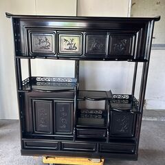 黒檀 ？唐木茶棚 飾り棚 飾棚 茶箪笥 サイドボード 置水屋 唐物 煎茶道具 和家具 唐木家具 木彫刻 透彫り 違い棚 　中古