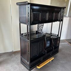 黒檀 ？唐木茶棚 飾り棚 飾棚 茶箪笥 サイドボード 置水屋 唐物 煎茶道具 和家具 唐木家具 木彫刻 透彫り 違い棚 　中古