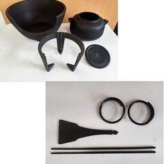 未使用【南部鉄器 運南堂 茶の湯釜セット】湯釜 風炉 五徳 ねじり環 灰ならし 火箸 砂 鍋元 伝統工芸品 鉄瓶 茶道具 古道具 昭和レトロ 札幌 北20条店