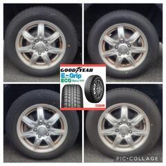 15㌅アルミホイール(BRIDGESTONE SICUREZZA design T7)と15㌅タイヤ(GOODYEAR Efficient Grip ECO)の4本セット  バリ山 / バリ溝  
