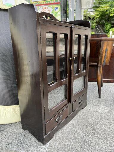 ☆ 古道具 レトロ 木製 キャビネット 棚 ガラス棚 ダイヤガラス 店舗 
