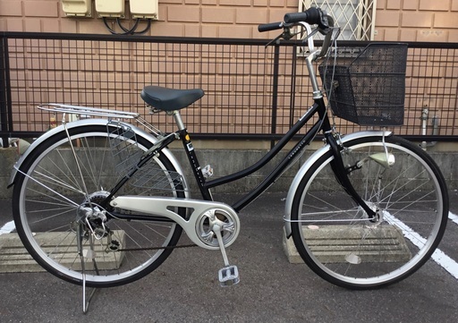 ＜整備済・美品車＞シティサイクル・26インチ自転車・シマノ外装6段変速・LEDオートライト 鍵付き・ブラック