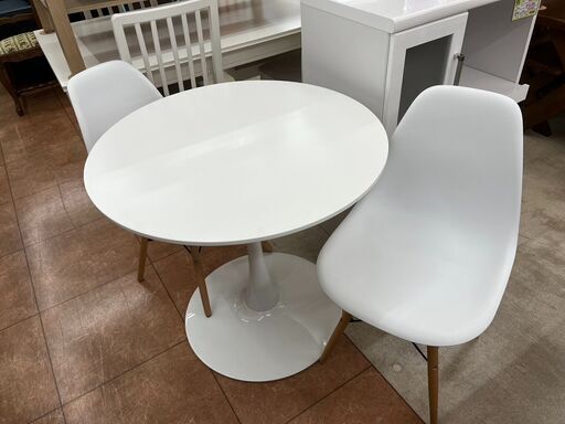オシャレ家具丸形ダイニング3点セット ラウンドテーブルホワイト 白895
