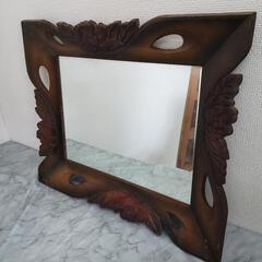アンティーク　木彫り　ミラー　鏡