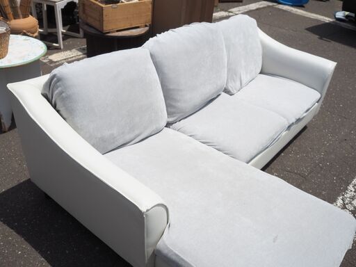 特価◇ホワイト カウチソファ 3人掛け ファブリック 布地◇大型