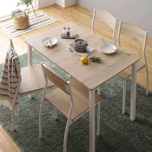 【定価18,980円！】RASIK ダイニングテーブルセット 4人用 5点セット テーブル 1点 チェア 4脚 ナチュラル×ホワイト シンプルデザインチェア 木製 スチール 4人掛け