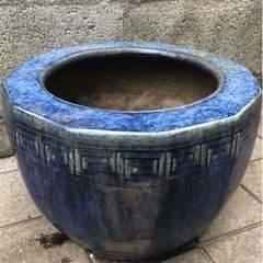 昭和レトロ 陶器製 火鉢 金魚鉢  メダカ鉢 青 　ブルー火鉢