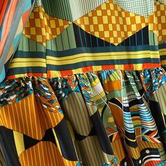 【新品未使用】シルク混スカーフリメイクワンピース　オレンジ＆緑系　M