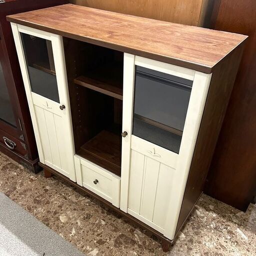 カントリー調レンジ台 レンジボード キッチン収納 ホワイト×ブラウン 木目 W90×H95×D40cm 札幌 東区