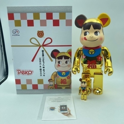 a99503 BE@RBRICK 不二家 招き猫 ぺこちゃん 1000% \u0026 400% 福 金メッキ おもちゃ フィギュア 未開封