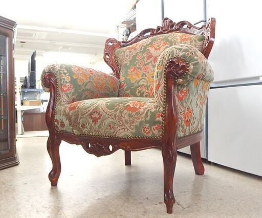 1人掛けソファ ロココ様式 猫脚 金華山 イタリアン 鋲打 木製 肘掛