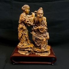 超希少】 中国美術 高級天然木彫刻 木彫り 置物 耳掻き 夫婦 翁