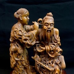 超希少】 中国美術 高級天然木彫刻 木彫り 置物 耳掻き 夫婦 翁 縁起物