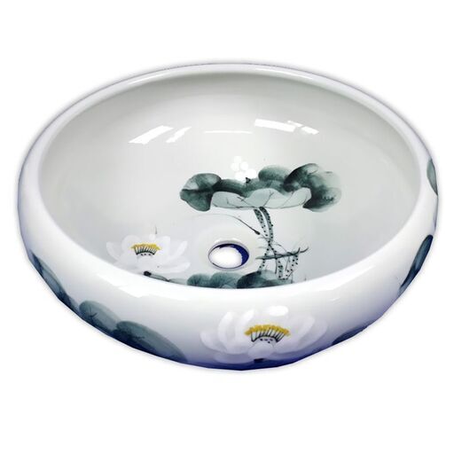 中華風水墨画魚の池絵柄つき円形カラー洗面ボウル 　SL37J0　新品　在庫あり