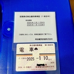南海電鉄　株主優待「定期券6ヶ月乗車証（2024.07.11-2025 .1.10）