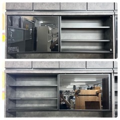 【超美品‼️】総額380,199円♪ 最高級 パモウナ 180cm幅キッチンボード 食器棚 収納家具 マーブル柄ブラック♪