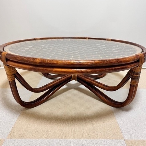 ラタン 籐 ガラステーブル センターテーブル ちゃぶ台 91cm座卓 ラタン